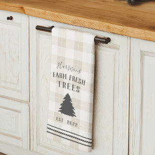 Personalised Rustic Plaid Holiday Farm Fresh Trees Tea Towel