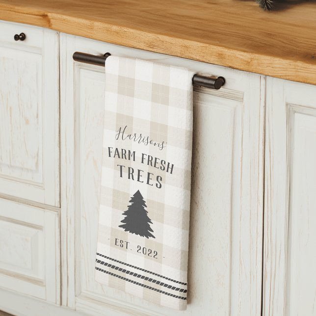 Personalised Rustic Plaid Holiday Farm Fresh Trees Tea Towel (Creator Uploaded)