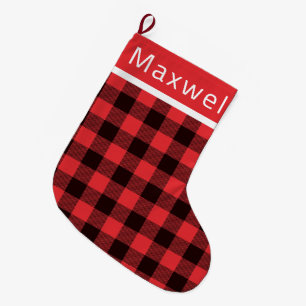 Personalised Rustic Red and Black Buffalo Plaid La Large Christmas Stocking