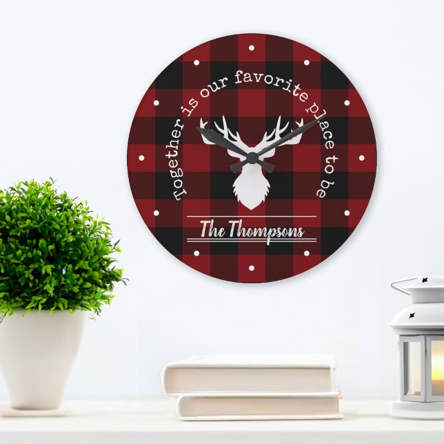 Personalised Rustic Red and Black Buffalo Plaid Large Clock (Creator Uploaded)