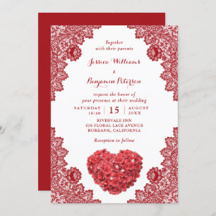 Personalised Rustic Red Lace Floral Wedding Invita Invitation