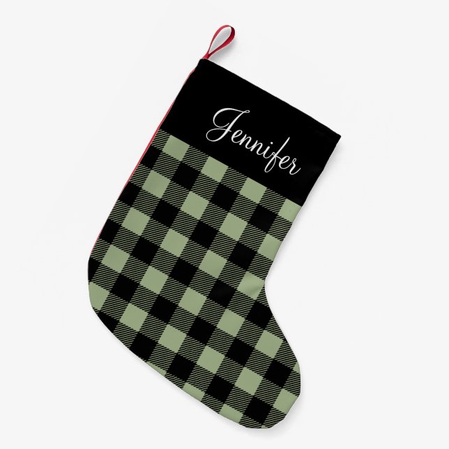 Personalised Rustic Sage Green Buffalo Check  Small Christmas Stocking (Front (Hanging))
