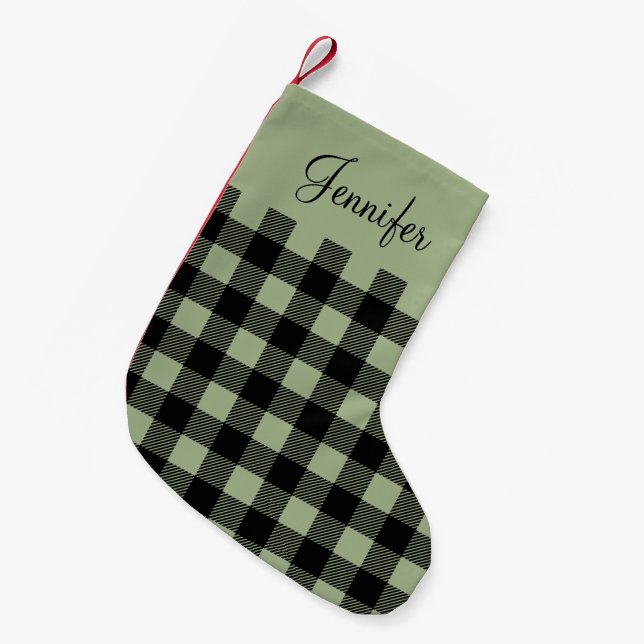Personalised Rustic Sage Green Buffalo Plaid  Small Christmas Stocking (Front (Hanging))