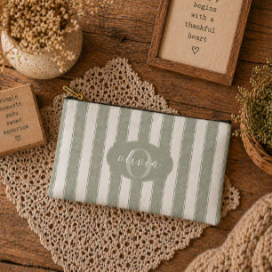 Personalised Rustic Sage Green Srtiped Accessory Pouch