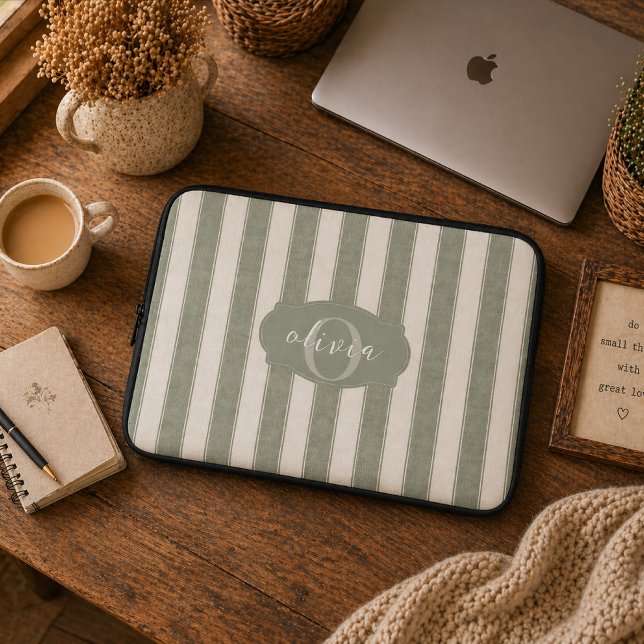 Personalised Rustic Sage Green Srtiped Laptop Sleeve (Creator Uploaded)