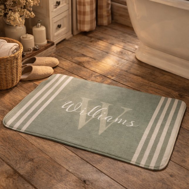 Personalised Rustic Sage Green Stripe Bath Mat (Creator Uploaded)