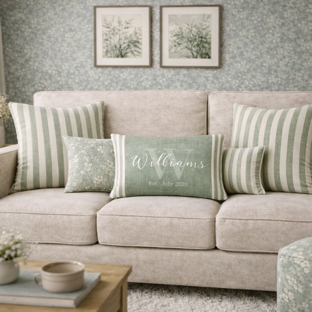 Personalised Rustic Sage Green Stripe Lumbar Cushion (Creator Uploaded)