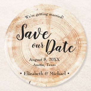 Personalised Rustic Save our date Printed Wood Round Paper Coaster