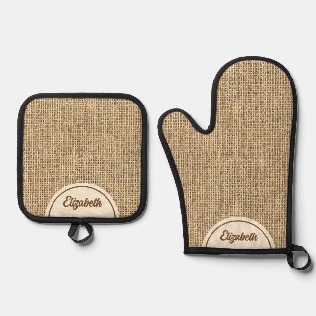 Personalised Rustic Simulated Burlap Oven Mitt & Pot Holder Set (Front)