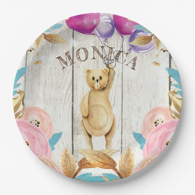 Personalised Rustic Teddy Bear Paper Plate (Front)