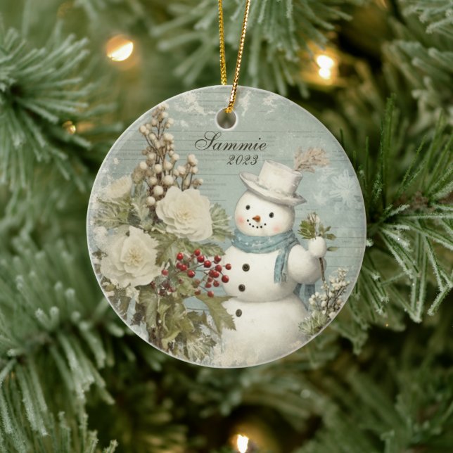 Personalised Rustic Vintage Snowman Christmas Ceramic Ornament (Tree)