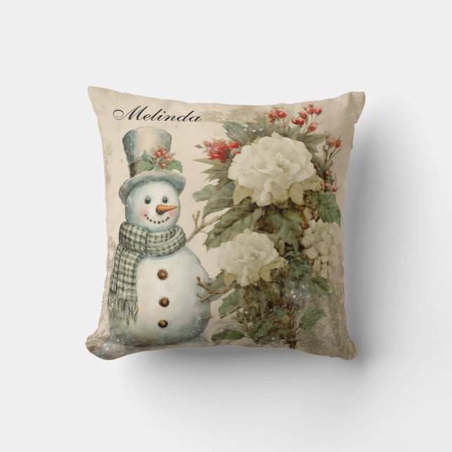 Personalised Rustic Vintage Snowman Christmas  Cushion (Front)