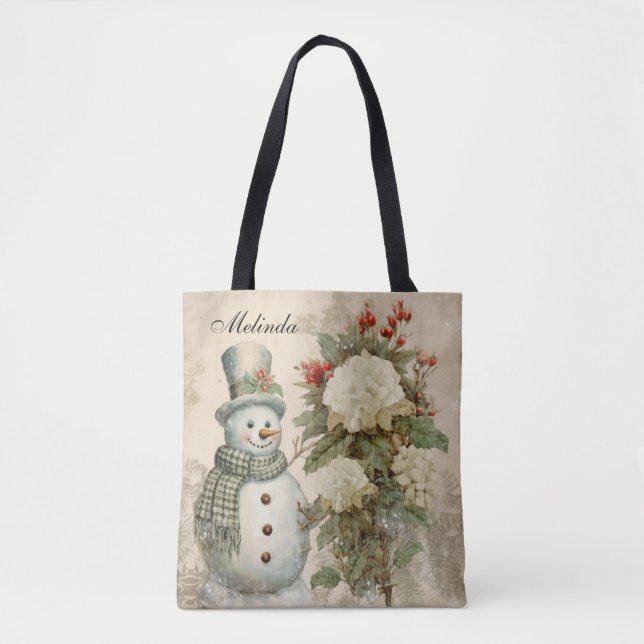 Personalised Rustic Vintage Snowman Christmas  Tote Bag (Front)