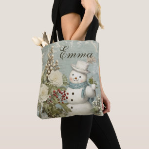Personalised Rustic Vintage Snowman Christmas Tote Bag