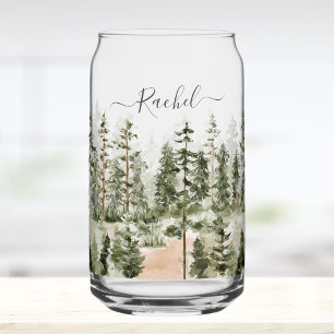 Personalised Rustic Watercolor Green Forest Can Glass