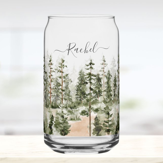 Personalised Rustic Watercolor Green Forest Can Glass (In situ)