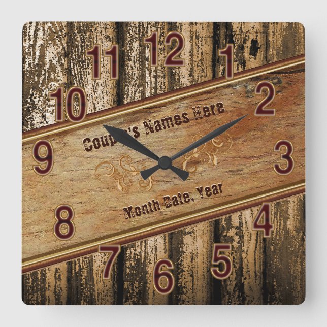 Personalised Rustic Wedding Gift Ideas for Couples Square Wall Clock (Front)