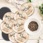 Personalised Rustic Wedding Save the date Wood Magnet<br><div class="desc">Personalise these unique wedding Save the Date circle magnets. It features a printed wood grain cut disc, perfect for your rustic wedding. The printed wood grain texture is cost-effective and unique, giving you the look of the wood cut disc slab. Unique and memorable, set the tone for a wedding that's...</div>