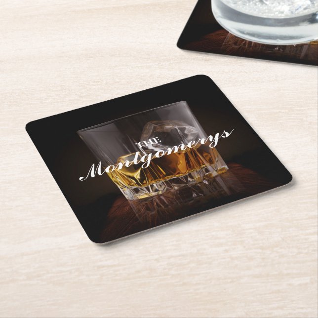 Personalised Rustic Whiskey Rocks Square Paper Coaster (Angled)