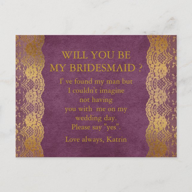 Personalised Rustic Will You Be My Bridesmaid Post Invitation Postcard (Front)