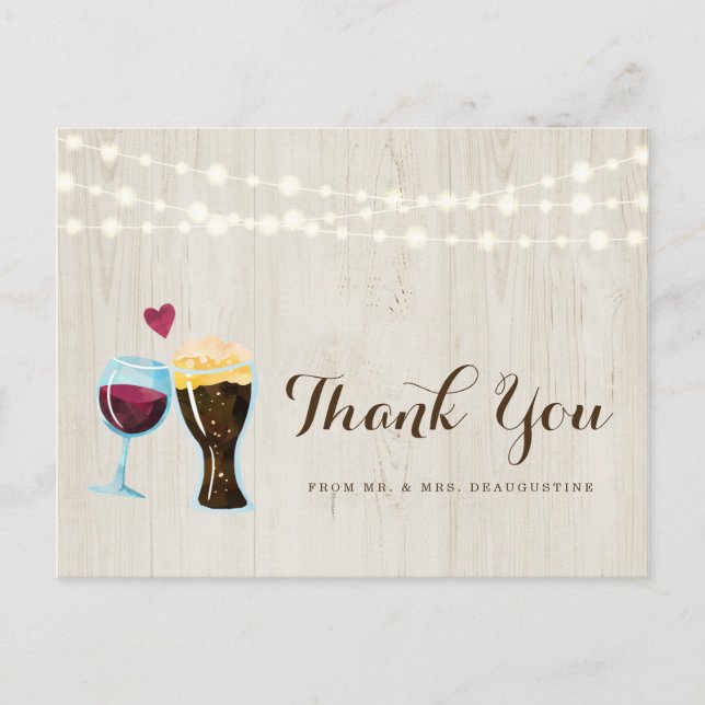 Personalised Rustic Wine & Beer Wedding Thank You Postcard (Front)