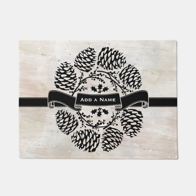Personalised Rustic Winter Holly Pine Cones Laurel Doormat (Front)