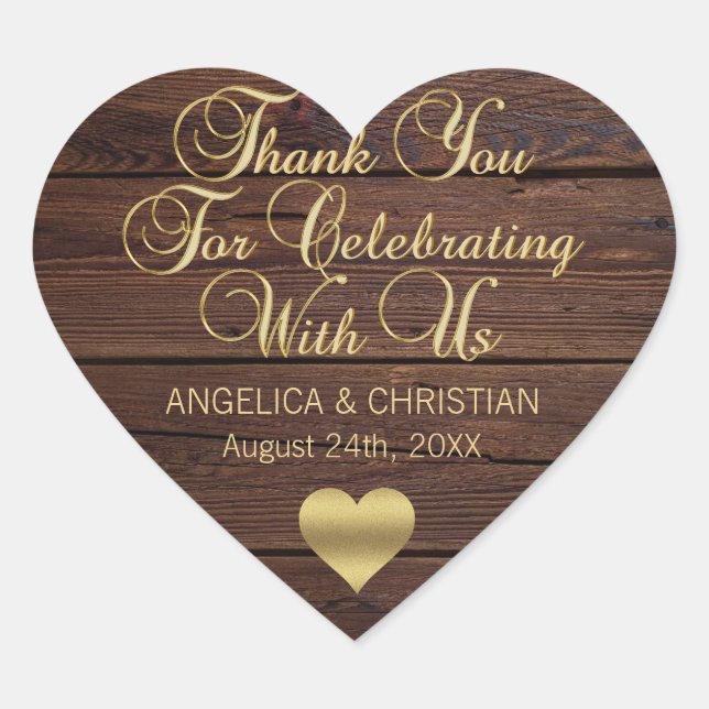 Personalised RUSTIC Wood Barn Gold Wedding Heart Sticker (Front)