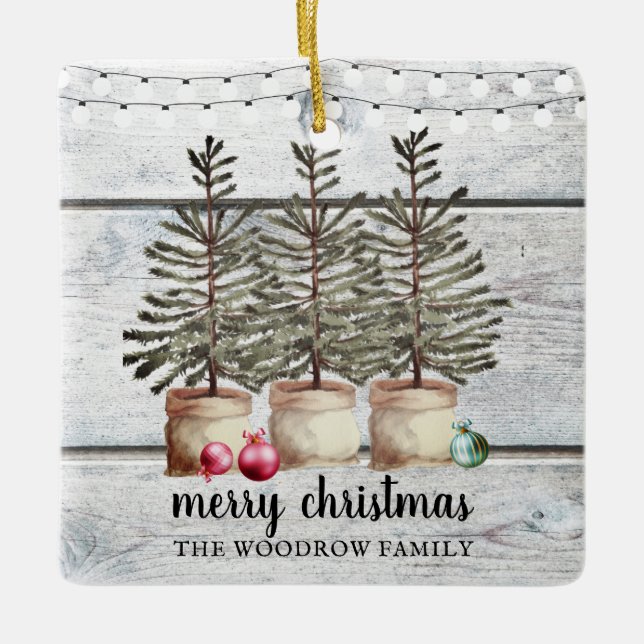 Personalised Rustic Wood Christmas Trees Holiday   Ceramic Ornament (Front)