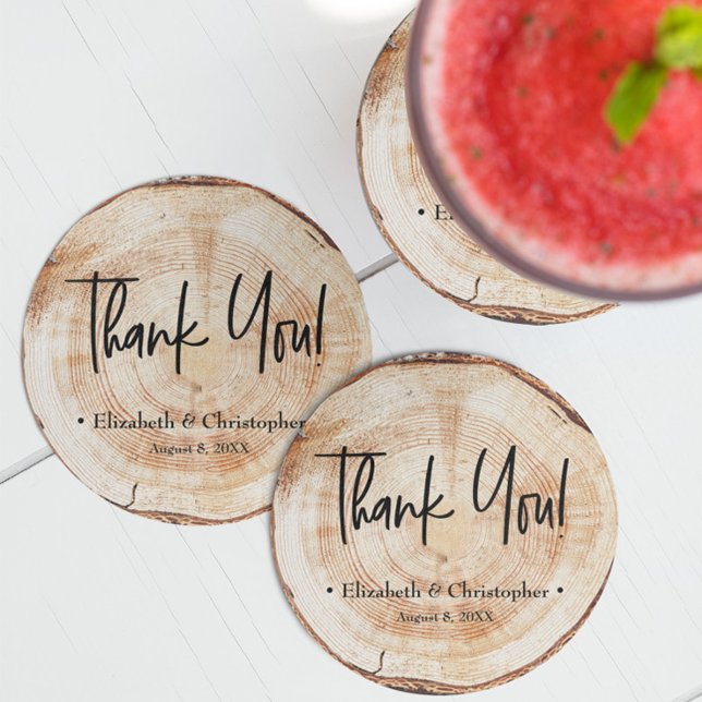 Personalised Rustic Wood Disc Thank you Wedding Co Round Paper Coaster (Rustic wedding wood cut slice custom coaster guest favor gifts.)