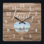 Personalised Rustic Wood Effect | Heart Photo Square Wall Clock<br><div class="desc">This stylish family photo clock is the perfect gift forchristmas,  birthday,  wedding,  baby shower and more. The clock features a rustic wood effect background,  Text  which reads 'HENDERSON FAMILY',  and a heart shaped photo. The text font style can be changed by clicking on the customise further link after personalising.</div>