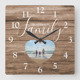 Personalised Rustic Wood Effect   Heart Photo Square Wall Clock