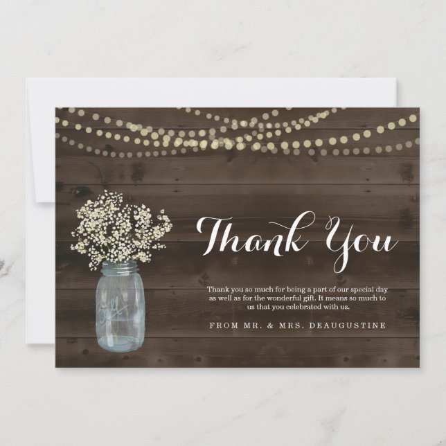 Personalised Rustic Wood & Fairy Lights Thank You Card (Front)