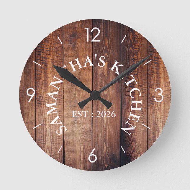 Personalised Rustic Wood Farmhouse Kitchen Round  Clock (Front)