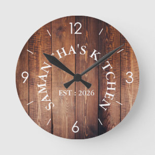 Personalised Rustic Wood Farmhouse Kitchen Round Round Clock