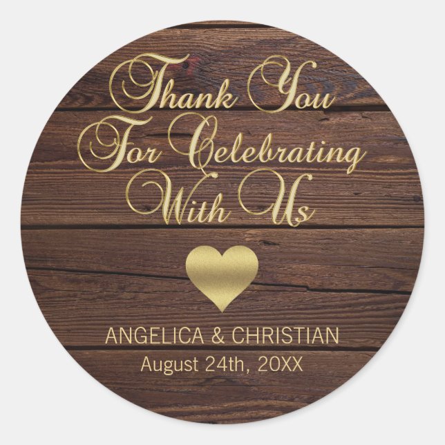Personalised RUSTIC Wood Gold Heart Wedding Classic Round Sticker (Front)