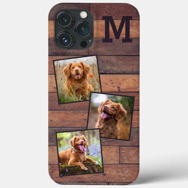 Personalised Rustic Wood Monogram 3 Photo Case-Mate iPhone Case (Back)