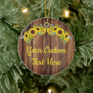 Personalised Rustic Wood Sunflower Custom Text Cer Ceramic Ornament