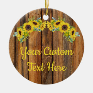 Personalised Rustic Wood Sunflower Custom Text Ceramic Ornament