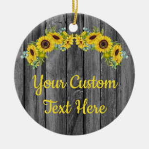 Personalised Rustic Wood Sunflower Custom Text Ceramic Ornament