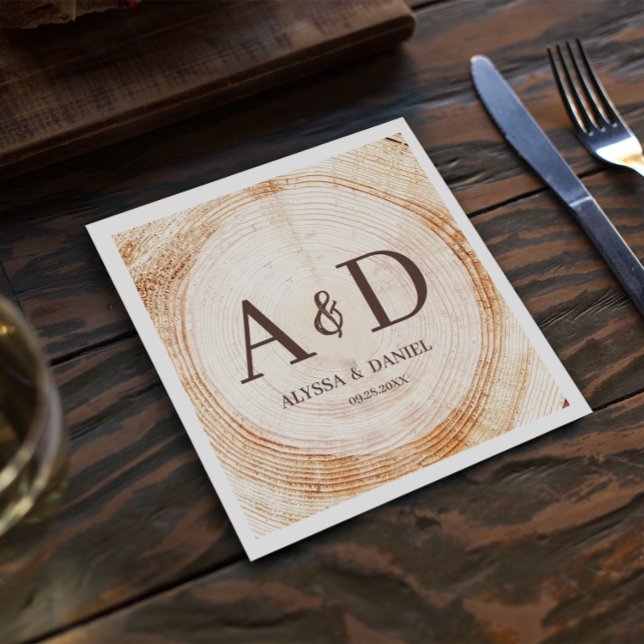 Personalised Rustic wood tree Monogram Wedding Napkin (Personalized monogram rustic wood wedding napkins. Customizable initials, names and wedding date)