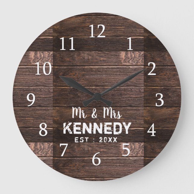 Personalised Rustic Wood Wedding Anniversary Large Clock (Front)