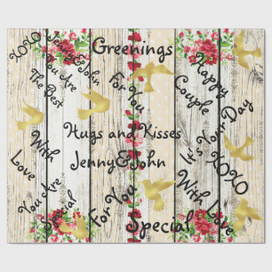 Personalised Rustic Wood Wedding Golden Birds Wrapping Paper