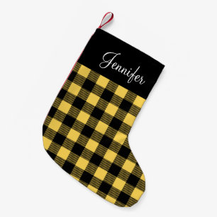 Personalised Rustic Yellow Buffalo Check Small Christmas Stocking