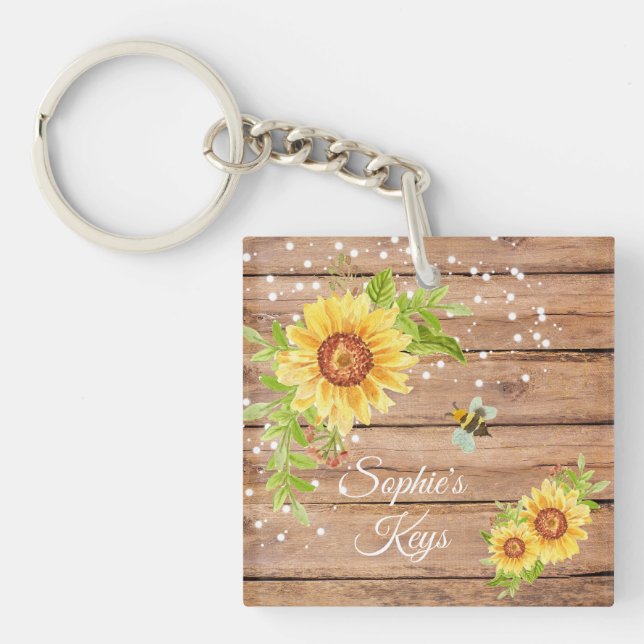 Personalised Rustic Yellow Floral Sunflower Key Ring (Front)