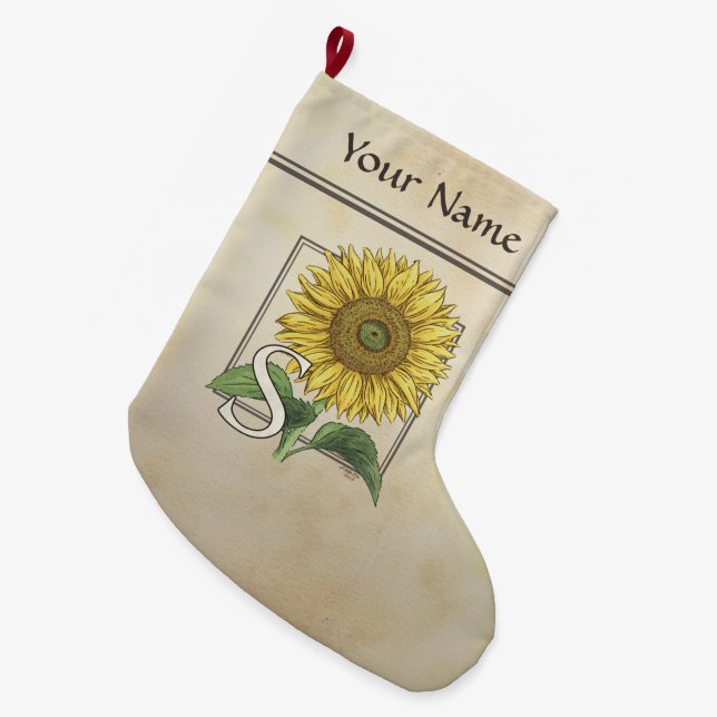 Personalised S for Sunflower Flower Monogram Large Christmas Stocking (Front (Hanging))