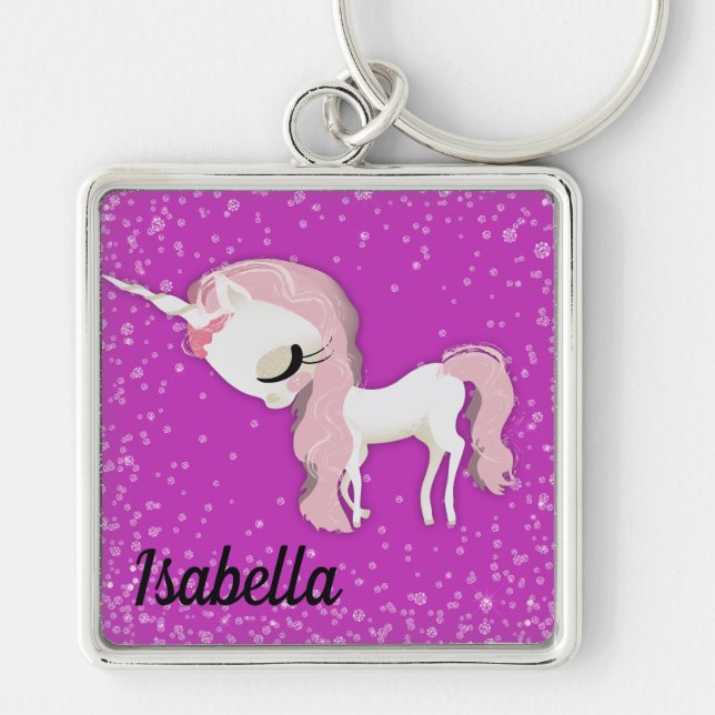 Personalised Sad Whimsical Unicorn on Pink Key Ring (Front)