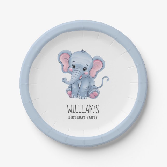 Personalised Safari Animal Elephant White Blue     Paper Plate (Front)