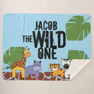Personalised Safari Animal Illustration Wild One Sherpa Blanket