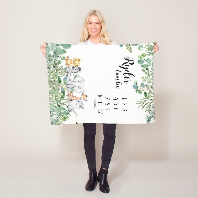 Personalised Safari Animals Baby Milestone Blanket (In Situ)