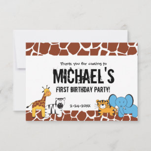 Personalised Safari first birthday party Thank You Card